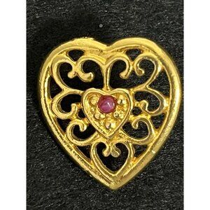 Vintage Valentine's Day Gold Tone "Harriet Carter" Heart Filigree Ruby Tack Pin